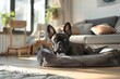 Adorable french bulldog lying on soft dog bed in home interior