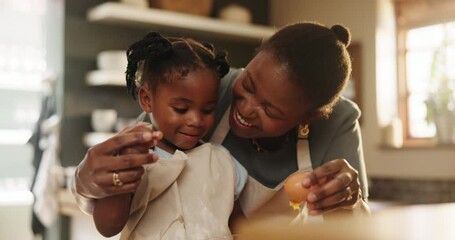 Poster - African, child and mom baking in kitchen of home together with eggs in bowl on happy morning. Kid, learning and black mother cooking with food for breakfast or preparation of bread, dough or pastry