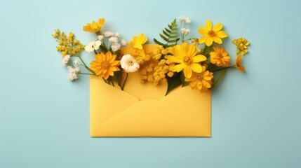 Wall Mural - An envelope with a letter and spring flowers on a blue background. The idea of a holiday card for lovers. A congratulatory letter and a message.