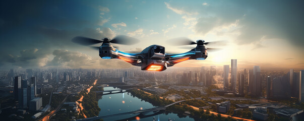 A moder drone flying over the big city in the sunset sky.