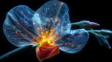 A Close Up Of A Flower With Bright Lights On It's Petals And A Stem With A Flower Bud On It's End.