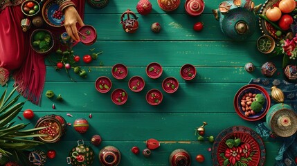 Wall Mural - a wooden table topped with lots of colorful bowls and bowls filled with different types of fruit and veggies.