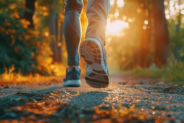 Wall Mural - Male feet running in sport shoes on park path