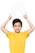© Atstock Productions - Smiling mixed-race boy in yellow t shirt raising paper house symbol while advertising real estate agency PNG file no background