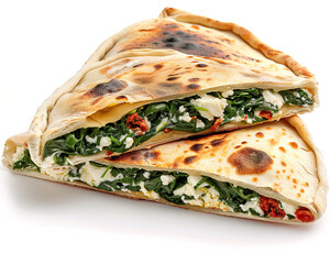 Wall Mural - Lavash spinach and ricotta calzone isolated on white.