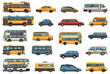 Cartoon town transportation. City vehicles isolated, transport sets, urban buses and cars side view