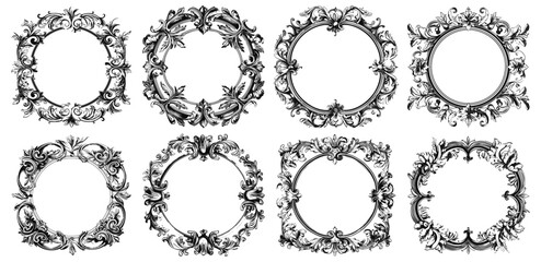 Wall Mural - Circle engraving frames. Vintage flourish calligraphic round frame set, etching ornamental wreaths isolated, baroque ornate decorative flourishes border circles