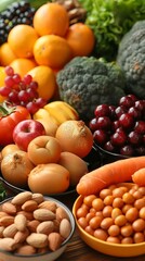 
Variety of fruits, vegetables and legumes in containers on a dark background.
Concept: publications about vegetarianism and balanced nutrition, recipes and cooking.