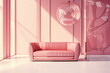 Pink sofa in a room with glass decoration
