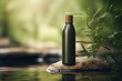 green bottle of cosmetic or oil on rock with water background