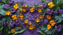 A Heart - Shaped Arrangement Of Purple And Yellow Pansies And Green Leaves On A Purple Background With Purple And Yellow Flowers.