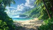 Tropical beach paradise with lush foliage - Stunning landscape of a pristine tropical beach with lush greenery, crystal clear water, and scenic mountains in the background