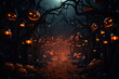 Spooky Halloween Forest Path Lined with Glowing Jack-o'-Lanterns Under Moonlight