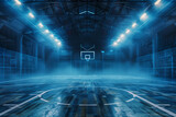 Fototapeta Przestrzenne - Basketball Court Indoor Lights Smoke Fog Blue Dark Ominous