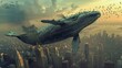 whale flies through megapolis and money, bitcoin, copy space, 16:9