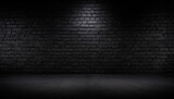 Fototapeta  - A  black brick wall with black textured background and light shining on it, for product presentation, template, banner or presentation page and web banner