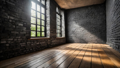Poster - A room with a window and a black bricks  wall, smooth brown wooden floor. The room is empty and the window is letting in sunlight