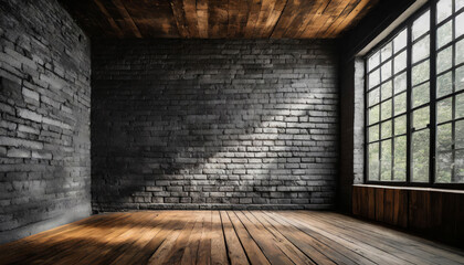 Poster - A room with a window and a black bricks  wall, smooth brown wooden floor. The room is empty and the window is letting in sunlight