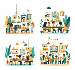 Fototapete - Kids development scenes cartoon vector illustrations. Childrens boys girls characters drawing painting study together room plants frames lamps table interior concepts isolated on white background