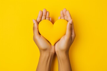 Caring Hands Holding Yellow Heart on Vibrant Yellow Background