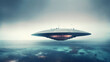 Disc-shaped UFO hovering low above the ocean. Big flying saucer with glowing lights in windows. Alien craft, extraterrestrial base in the vast blue sea.