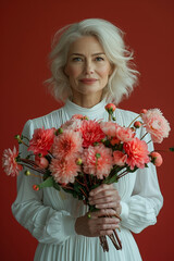 Sticker - A stylish woman smiles joyfully, holding a bouquet, radiating beauty and happiness in a spring portrait.