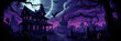 Enchanting Halloween-themed panorama, rural settlement under the embrace of dusk, whimsically crooked cottages, carved pumpkins. Gen AI