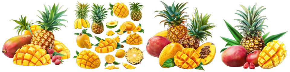 Wall Mural - including pineapples and mangoes Hyperrealistic Highly Detailed Isolated On Transparent Background Png File