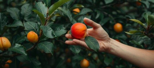 Wall Mural - Fresh nectarine held in hand with selection on blurred background, copy space available