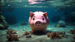 Sunken Treasure: A piggy bank underwater,  a visual representation of lost or inaccessible wealth