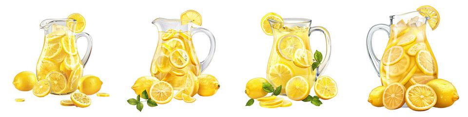 Wall Mural - Lemonade in a pitcher with sliced lemons Hyperrealistic Highly Detailed Isolated On Transparent Background Png File