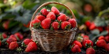 A Wicker Basket With Ripe Strawberries In The Lush Green Of The Garden. Fresh Strawberries In A Basket In A Sweet And Inviting Aroma. Strawberries In Lovely Setting.