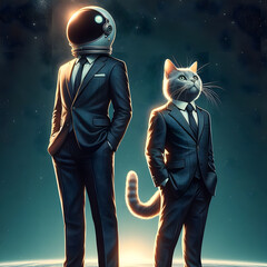 The suit-wearing space explorer man, created with artificial intelligence, dazzles with his space helmet while posing with a cool cat by his side.