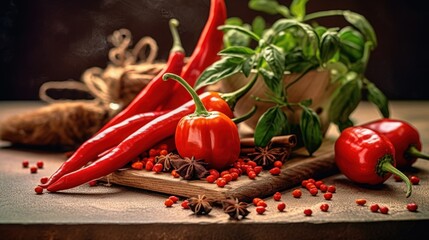 Pepper. Photo of fresh spices. Assortment of fresh and dried peppers, seasonings and herbs on a marble background.