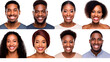 Composite portrait of headshots of different smiling persons from all genders and age, on a withe flat background 