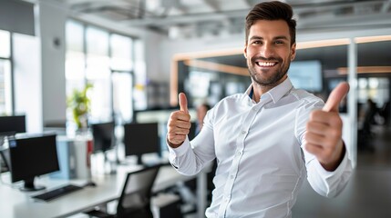 Poster - Enthusiastic support staff with thumbs up in vibrant call center, warm orange   yellow palette