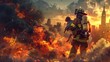 A heroic firefighter saving a child from a blazing inferno, amidst a city skyline. with copy space for text