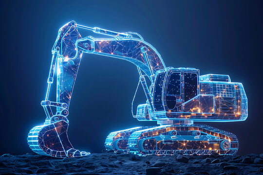 A bold silhouette logo of an excavator truck in wireframe style, set against a blue background, perfect for construction and heavy machinery branding