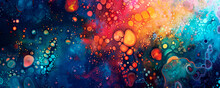 A Vibrant Painting Bursting With A Riot Of Colors, Adorned With Shimmering Water Droplets That Add A Dynamic And Ethereal Touch To The Artwork. Banner. Copy Space