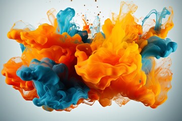 3d volumetric blue orange paint explosion blot in air or liquid water isolated object png