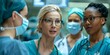Surgeons and nurses in diverse team discuss successful operations in operating room. Concept Medical Team, Operating Room, Surgeons, Nurses, Successful Operations