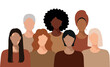 © Iulia - Banner on transparent background with girls, women with different skin color, hair, different nationality, March 8, International Women's Day. Inspiring inclusivity. Without background. Flat Vector Il