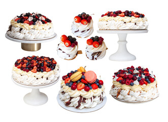 Wall Mural - Pavlova cake with whipped cream cheese, chocolate sauce and fresh berries on grey background