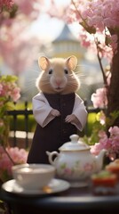 Poster - A hamster sitting in a dress next to a tea pot. Generative AI.