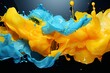 Vibrant abstract painting with colorful yellow and blue splashes on a clean white background