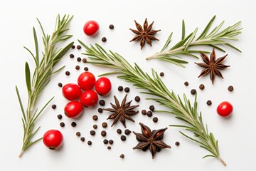 Still life with rosemary, red and black peppercorns, anise on white background, spices for cooking