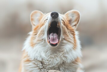 Wall Mural - A dog yawning with its mouth open and its tongue out. Generative AI.