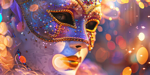 Sticker - A close up of a mask with glitter and lights around it. Generative AI.