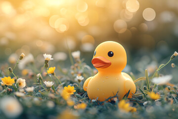 Wall Mural - Little yellow rubber duck bath toy on spring meadow with flowers in sunny day. Creative funny Easter concept for background, card, banner, poster, wallpaper