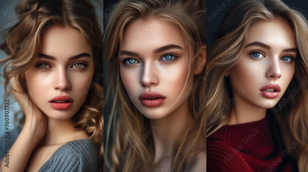 Three women with different hairstyles and makeup. The first woman has a ...